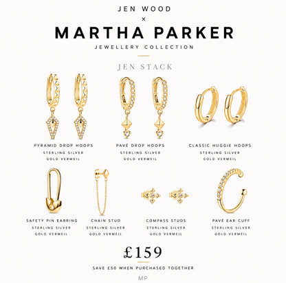 A promotional collage showing multiple gold and sterling silver jewelry pieces from the Jen Wood x Martha Parker Collection, including hoop, huggie, stud, pin, chain, compass, and ear cuff designs, with text labels and a price of £159 on a white background.