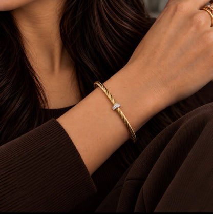 Gold Textured Cable CZ Cuff Bangle