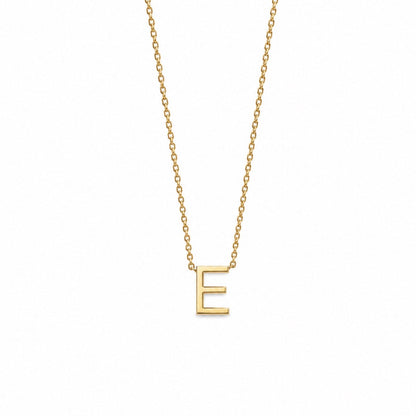 A delicate gold chain necklace featuring a polished gold initial pendant 'E', displayed against a solid white background.