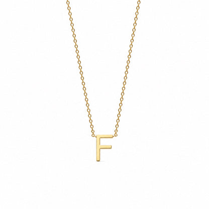 A delicate gold chain necklace featuring a polished capital letter 'F' pendant, shown against a solid white background.