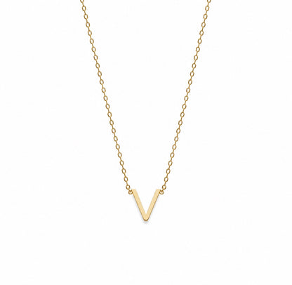 A delicate gold chain necklace featuring a small, polished gold letter 'V' pendant, presented on a clean white background.