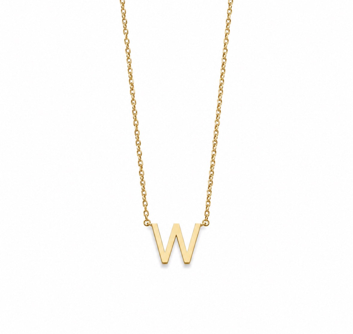 A delicate gold chain necklace featuring a polished capital letter 'W' pendant, shown against a plain white background.