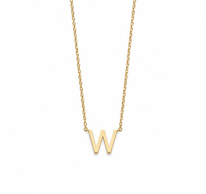 A delicate gold chain necklace featuring a polished capital letter 'W' pendant, shown against a plain white background.