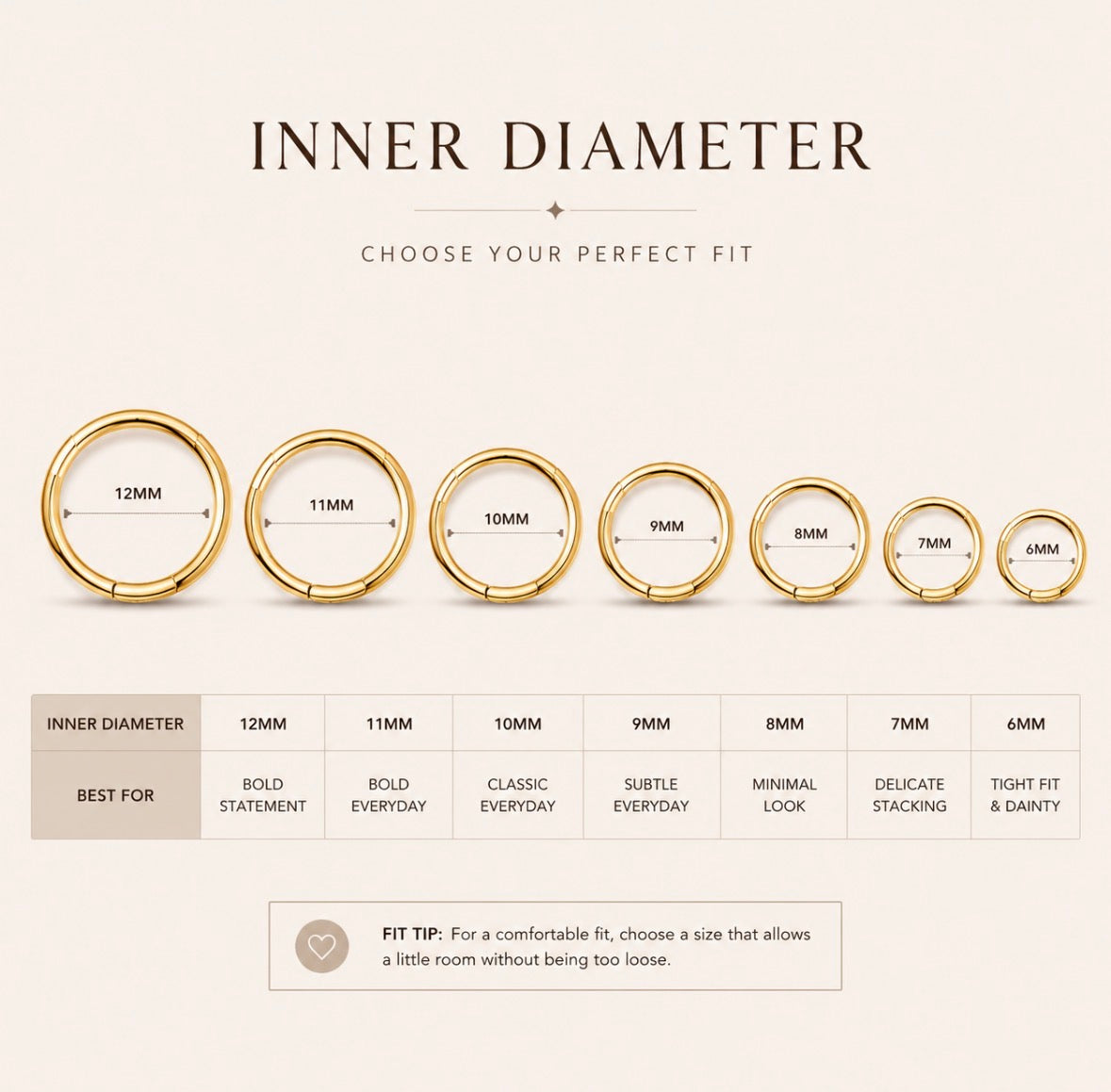 Gold hoop earrings with labeled inner diameters on a beige background