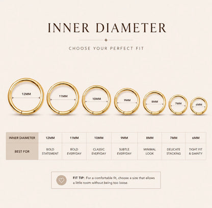 Gold hoop earrings with labeled inner diameters on a beige background