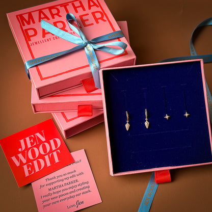 Martha Parker jewelry box with earrings and a Jen Wood Edit card on a brown background