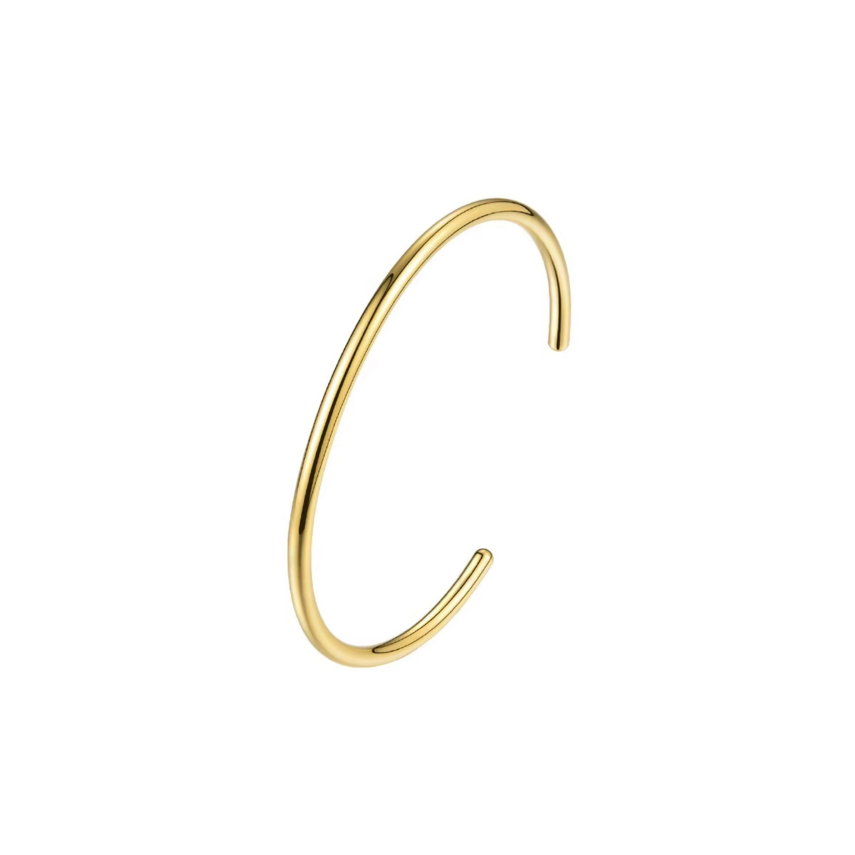 A minimalist, open-ended cuff bracelet in polished yellow gold, shown against a solid white background.