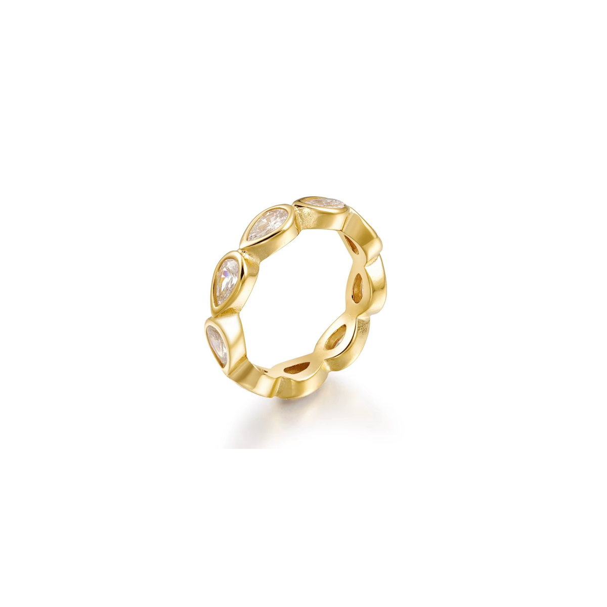 A gold ring with a wavy, openwork design and five bezel-set clear marquise-cut stones, shown on a clean white background.