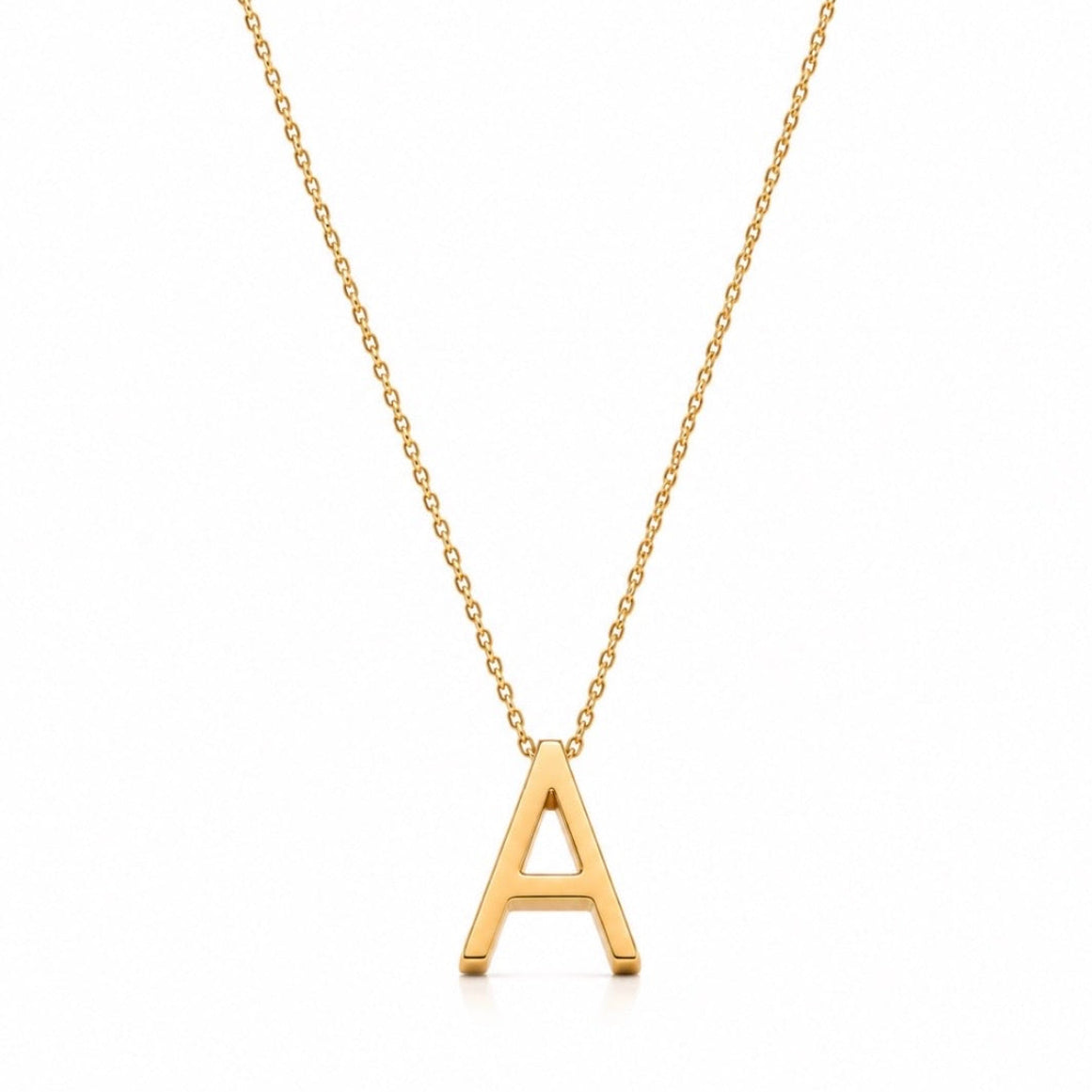 A gold initial necklace featuring a polished capital letter 'A' pendant on a delicate gold chain, shown against a solid white background.