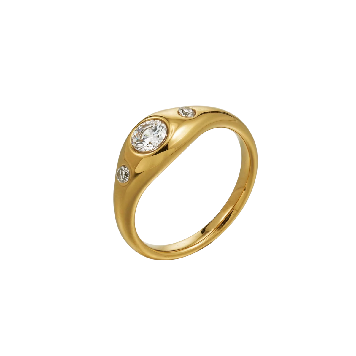 A yellow gold ring featuring a curved band with a central round-cut clear gemstone and two smaller accent stones, shown on a plain white background.