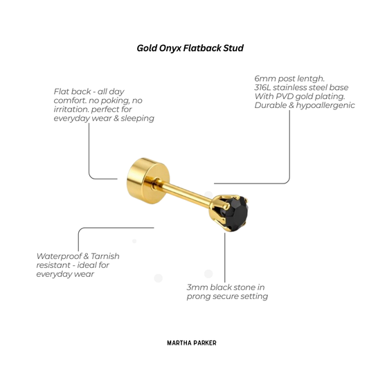 Gold Onyx Stainless Steel Flat back Stud Earring
