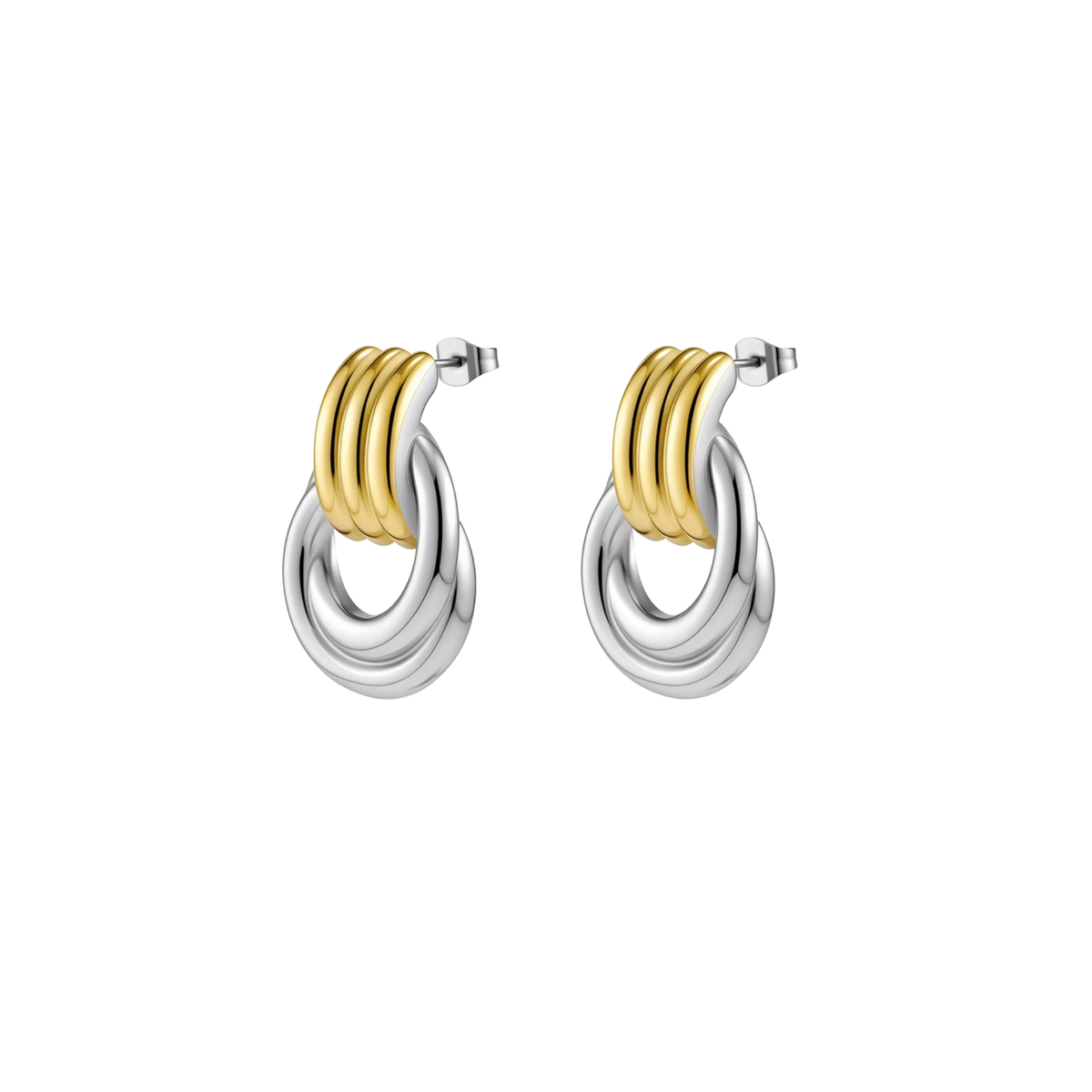 A pair of modern hoop earrings featuring three polished yellow gold rings nested inside three polished silver rings, shown against a solid white background.