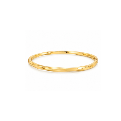 A polished yellow gold bangle bracelet with a smooth, slightly tapered twisted design, shown on a clean white background.