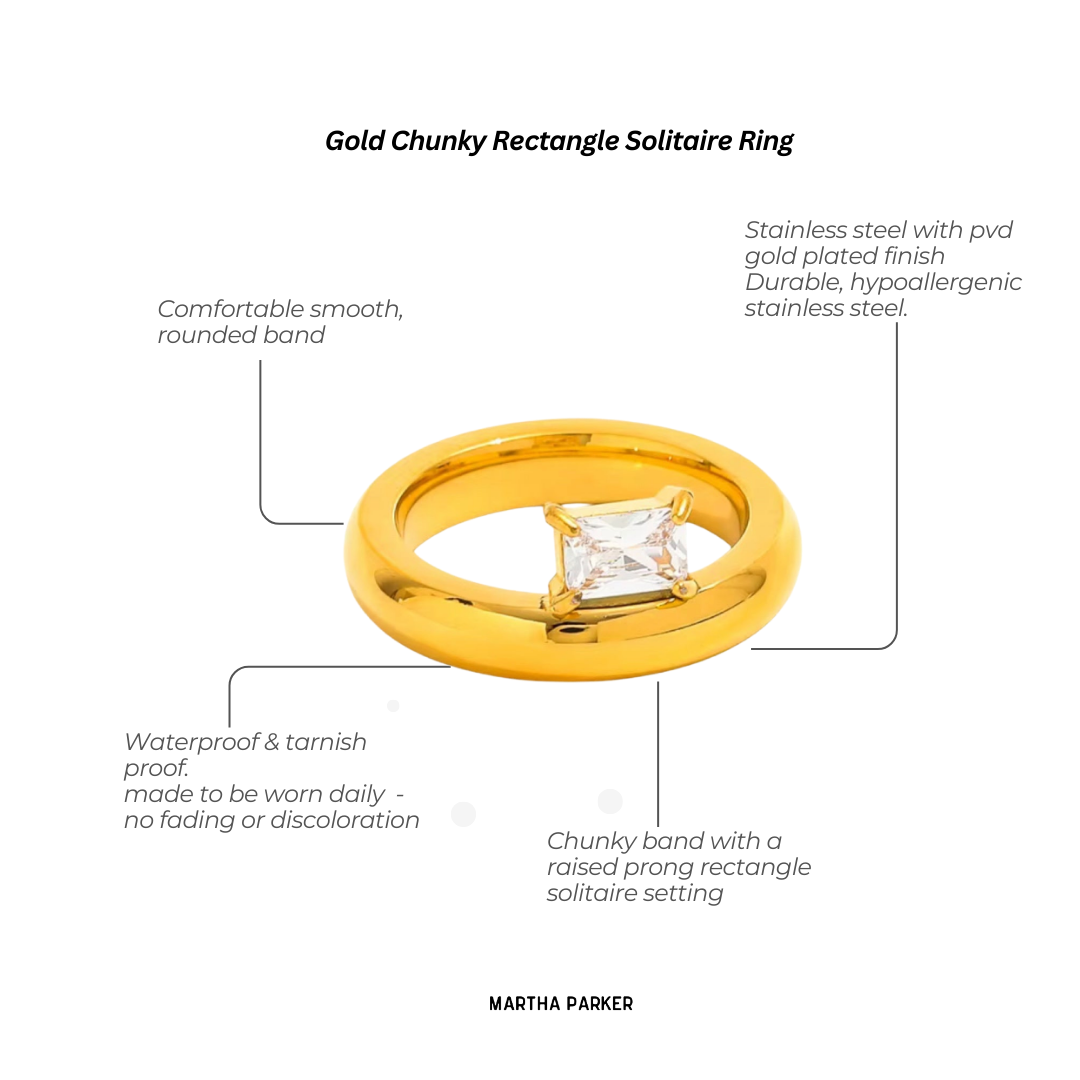 gold waterproof stainless steel with a rectangle stone showing all features