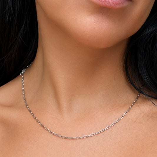 Silver Stainless steel 2mm mini paperlink necklace on a person's neck with a close-up view