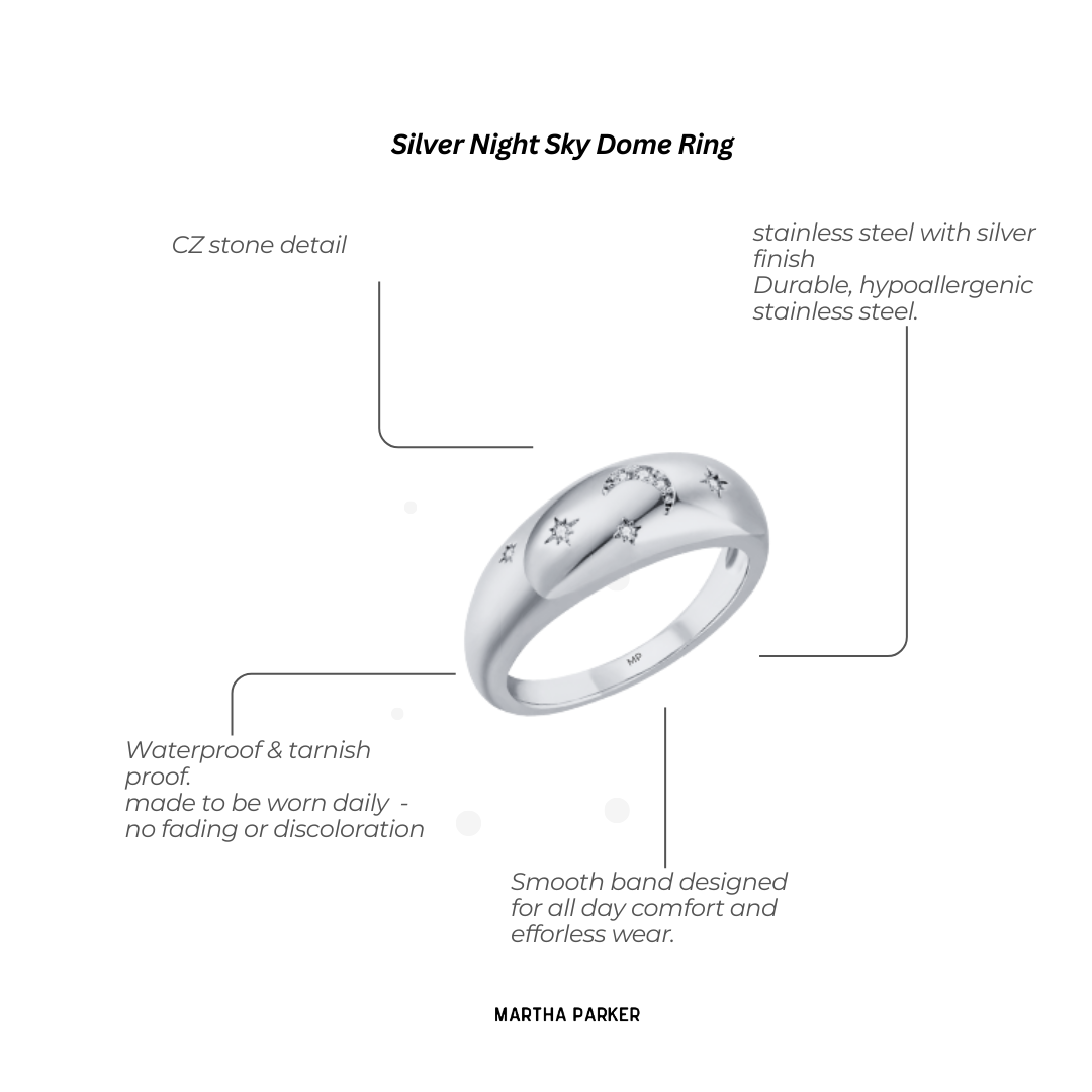 close up of silver stainless steel night sky dome ring showing features and benefits 
