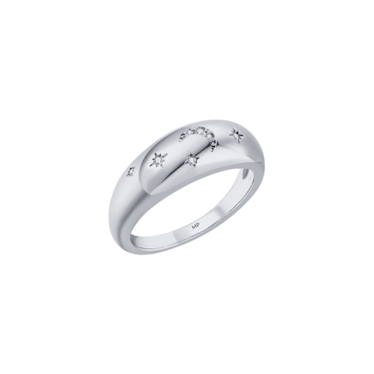 Celestial dome ring with sparkling cubic zirconia detail stars and a crescent moon. stainless steel, waterproof and tarnish free metals   
