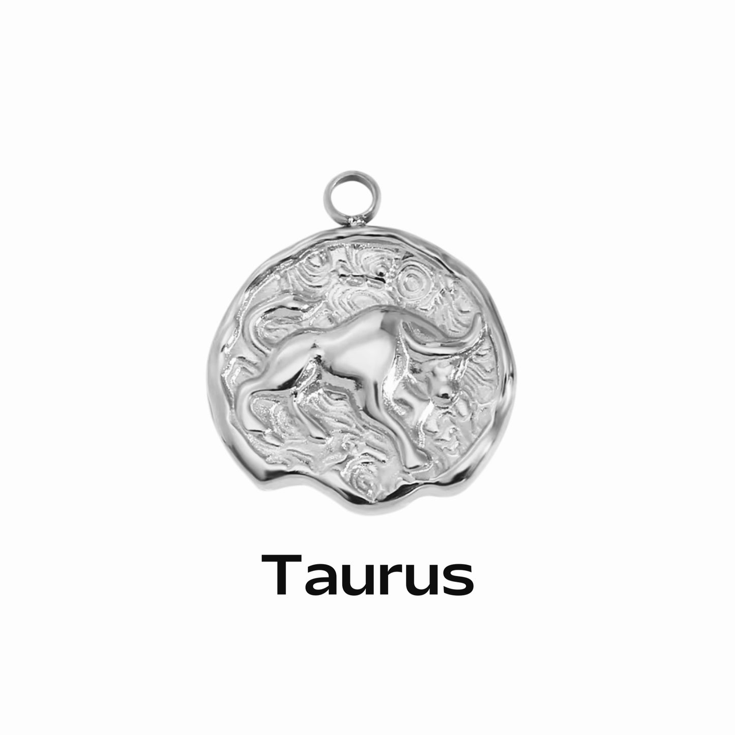 A silver coin-shaped pendant necklace with an engraved zodiac symbol, labeled 'Aquarius', indicating the 12th sign of the zodiac.