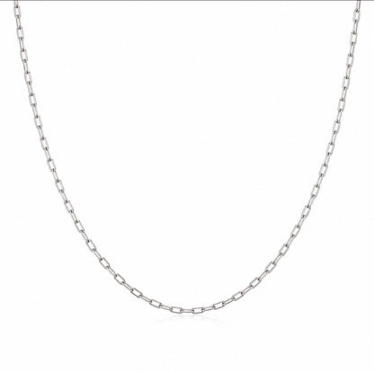 Thin 2mm Silver stainless steel paperlink chain necklace on a white background 