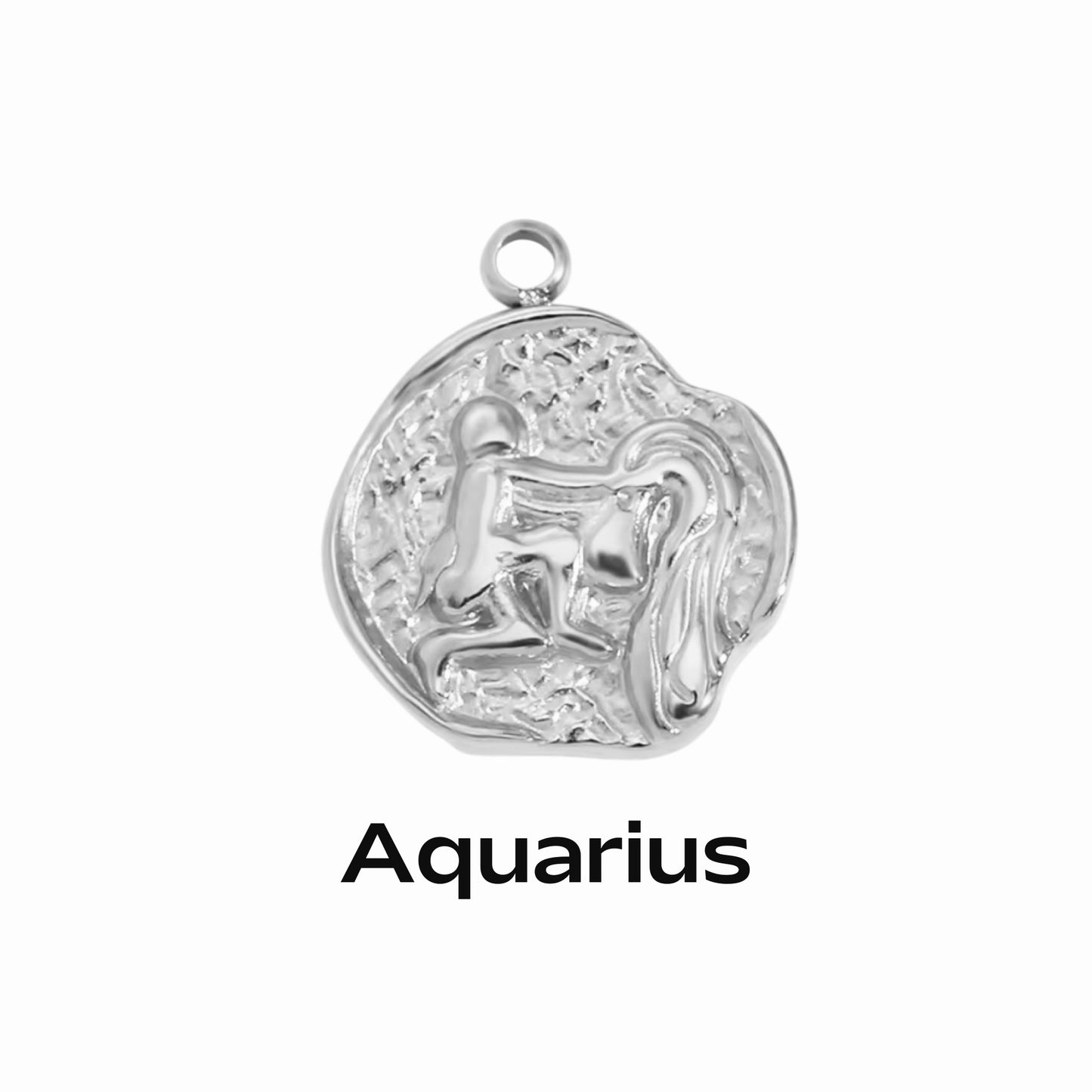 A silver coin-shaped pendant necklace with an engraved zodiac symbol, labeled 'Aquarius', indicating the 12th sign of the zodiac.