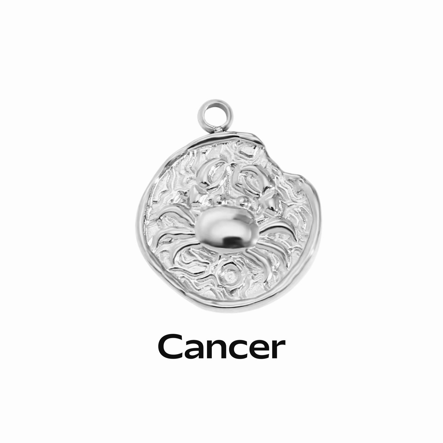A silver coin-shaped pendant necklace with an engraved zodiac symbol, 