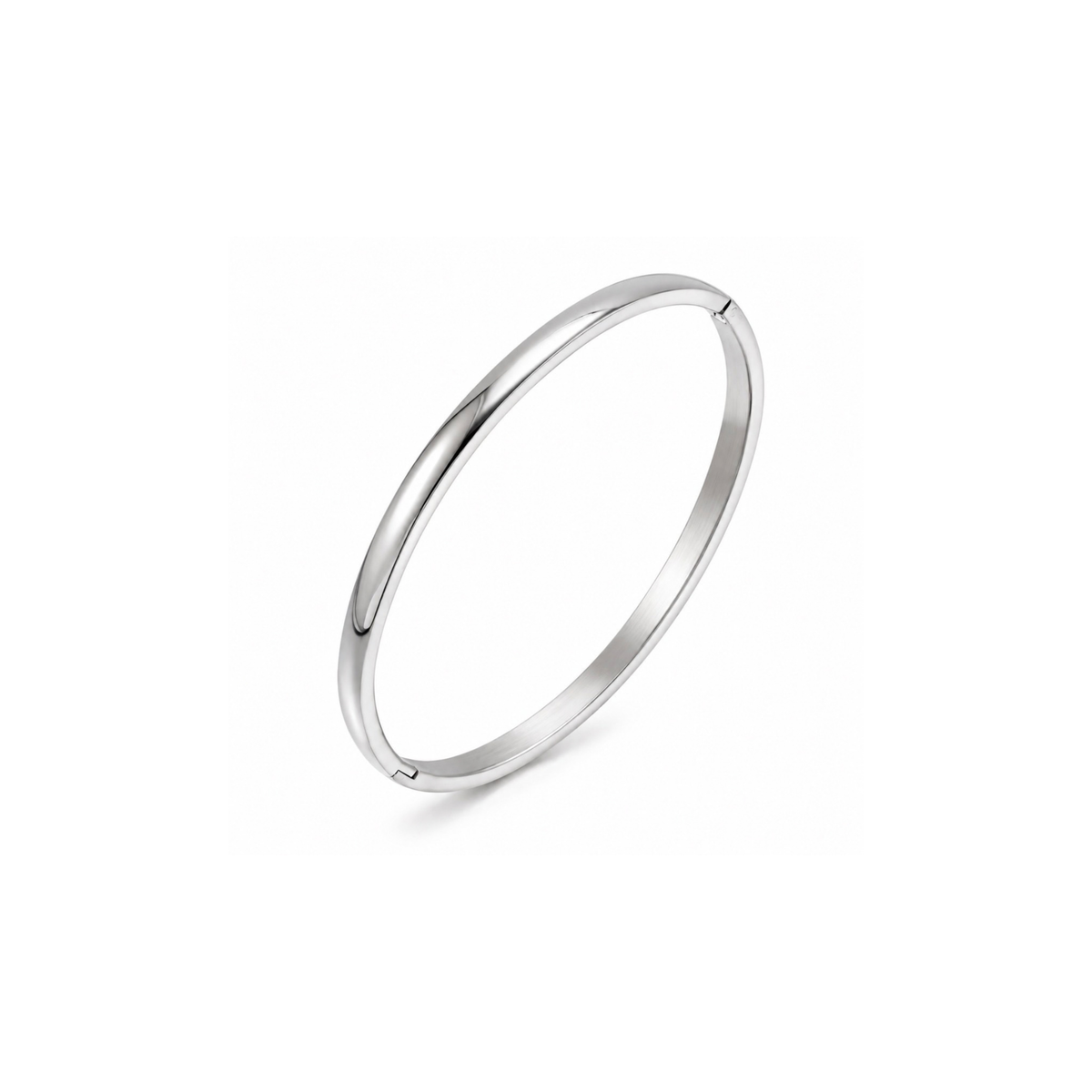 A polished silver-toned metal bangle bracelet shown on a clean white background.