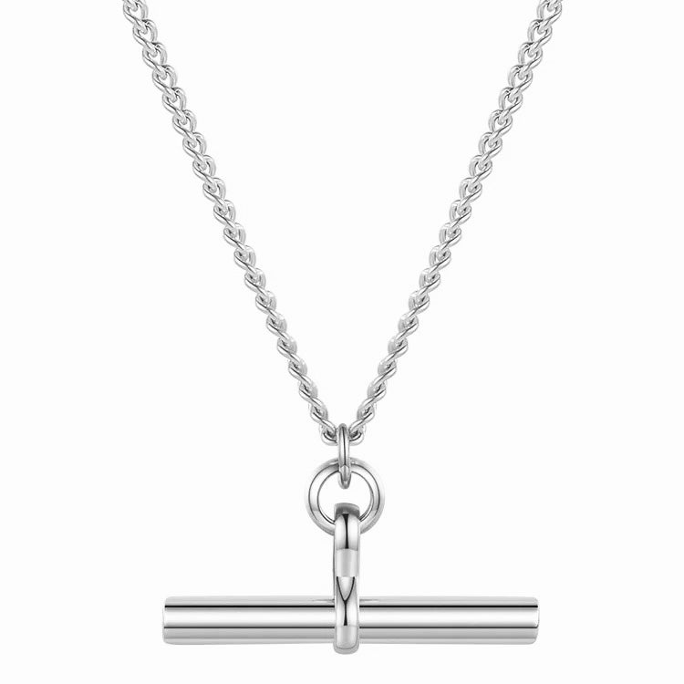 A silver T-bar necklace with a lobster catch closure, displayed against a white background.
