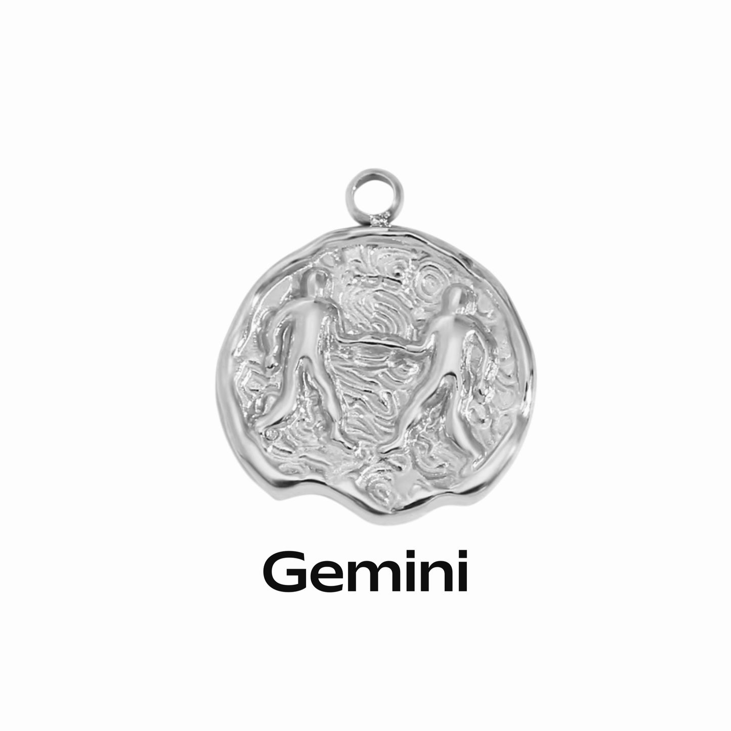 A silver coin-shaped pendant necklace with an engraved zodiac symbol, labeled 'Aquarius', indicating the 12th sign of the zodiac.