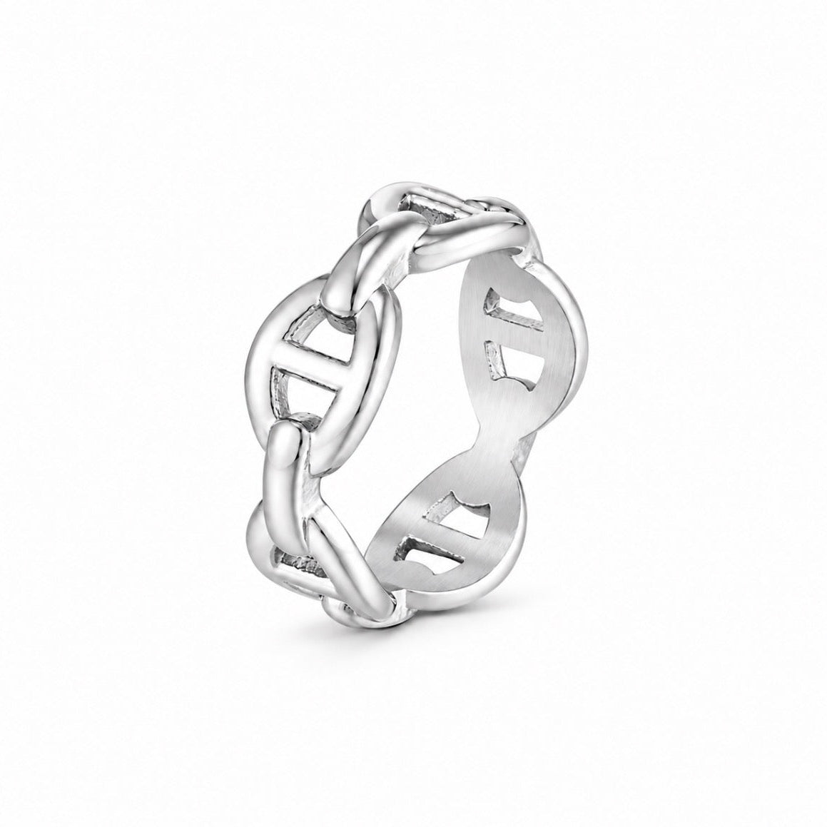 interlocking linked band ring featuring sculptural openwork links, designed to bring a modern edge to your everyday style. Wear it alone as a statement piece or pair it with your favourite stack.

Made from durable stainless steel, it’s waterproof and tarnish-resistant, so you can enjoy its distinctive chain-inspired design every day.