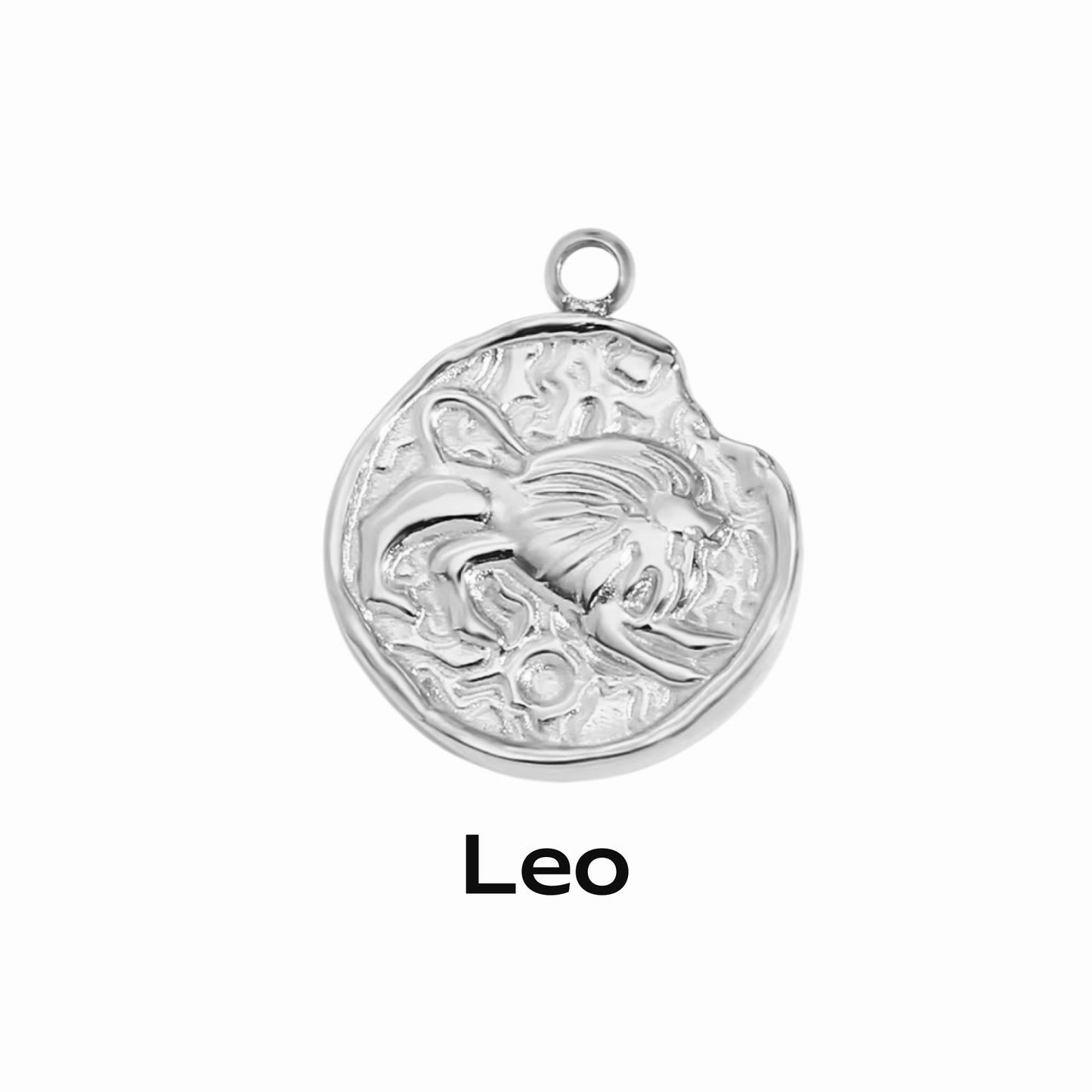 A silver coin-shaped pendant necklace with an engraved zodiac symbol