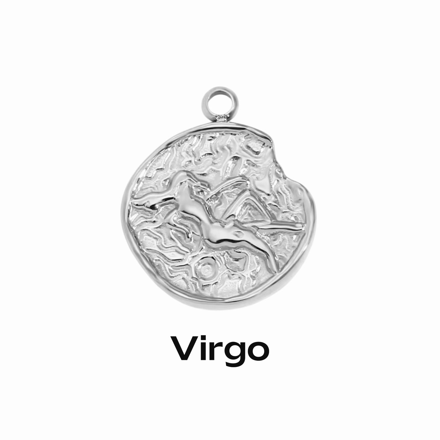 A silver coin-shaped pendant necklace with an engraved zodiac symbol.