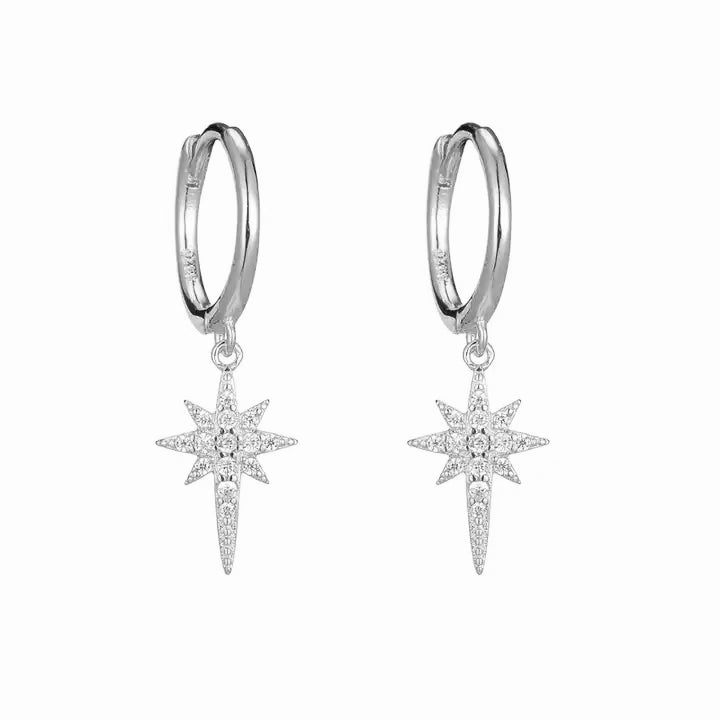 sterling silver north star drop earrings. silver hoop with drop down CZ star