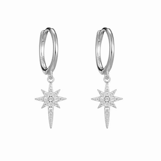 sterling silver north star drop earrings. silver hoop with drop down CZ star
