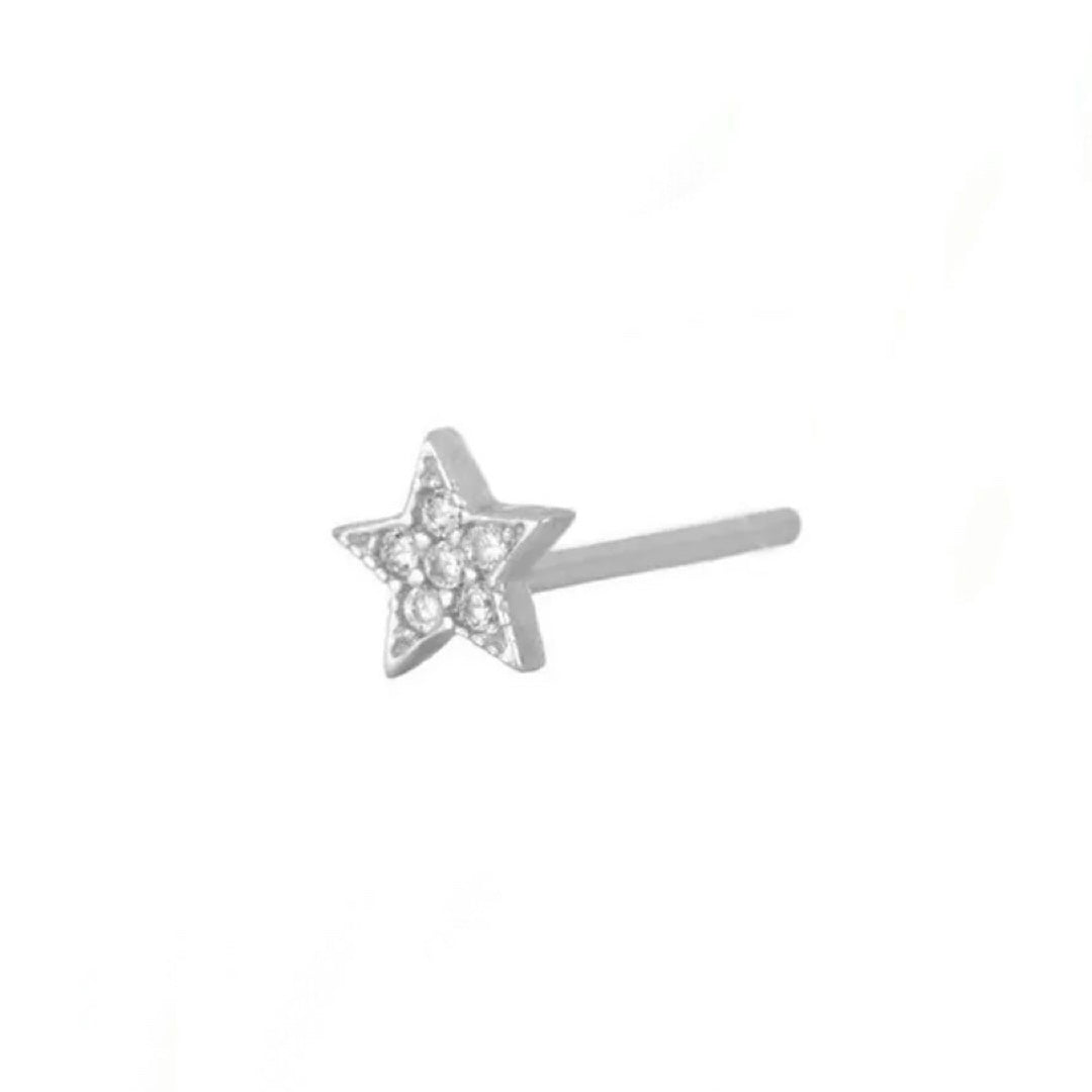 A single silver star-shaped stud earring with a butterfly back, displayed against a white background.