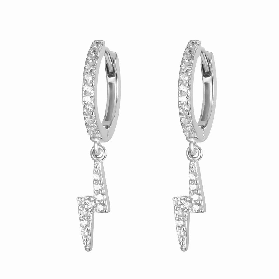 sterling silver white pave cubic zirconia hoop with a white pave lightning bolt drop  