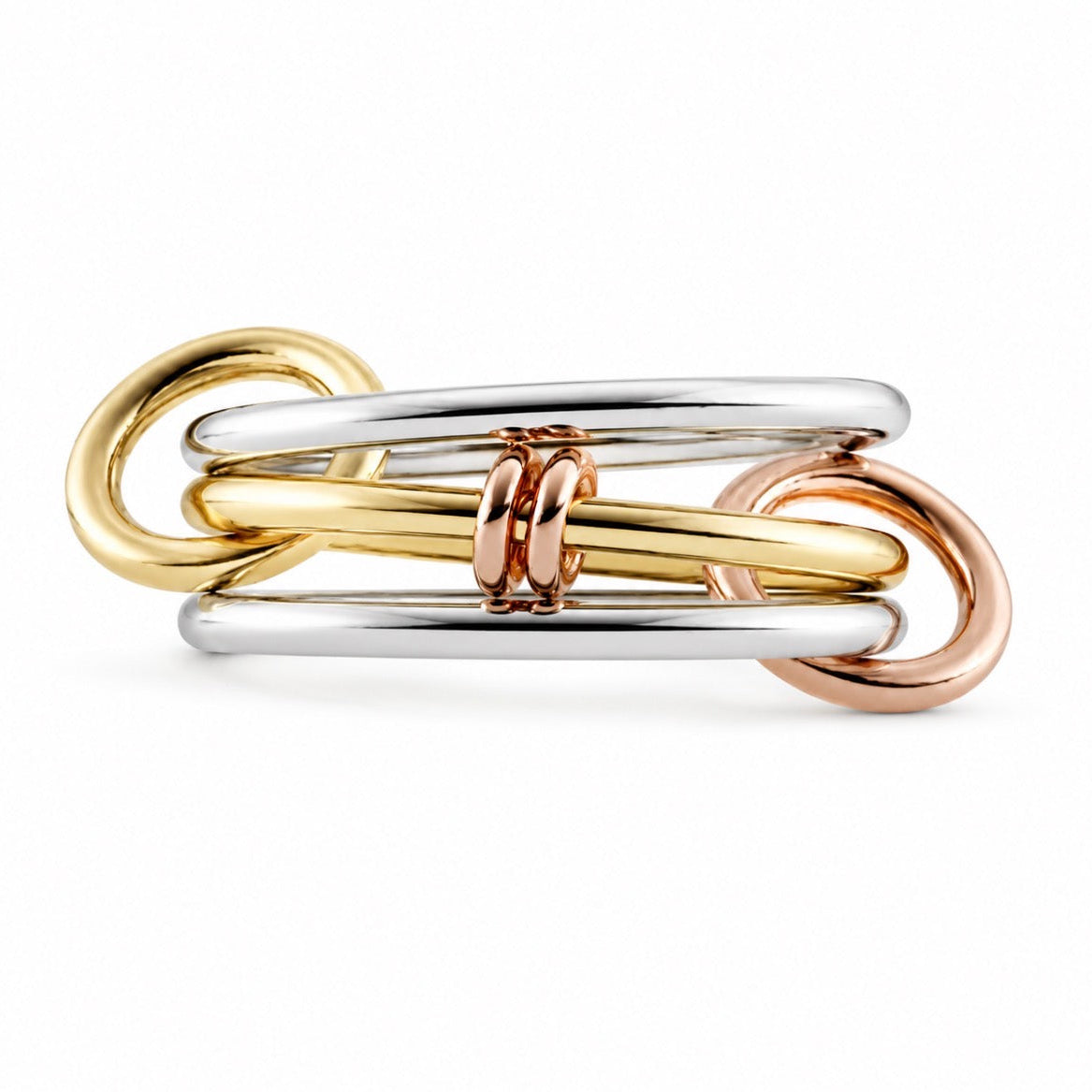 A two-tone and triple-tone metal bangle bracelet featuring polished silver, yellow gold, and rose gold bands, shown on a clean white background.