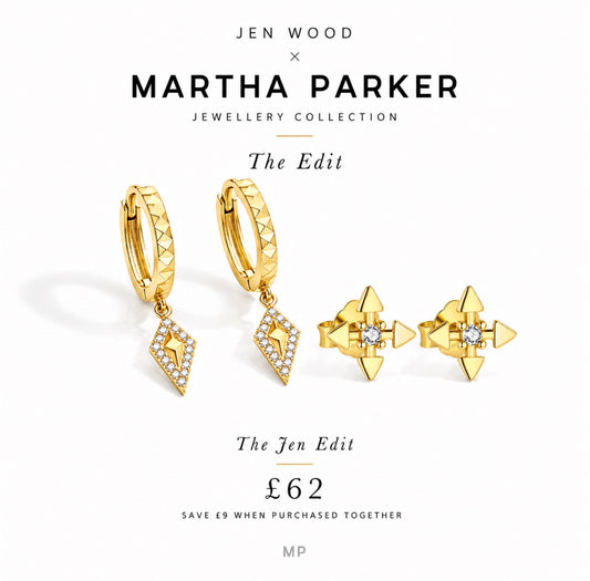 Jen Wood x Martha Parker Jewellery Collection 'The Edit' gold hoop and stud earrings shown on a white background with promotional text and price.