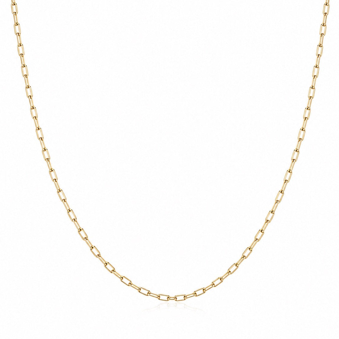 Gold gold stainless steel 2mm paperlink chain necklace on a white background