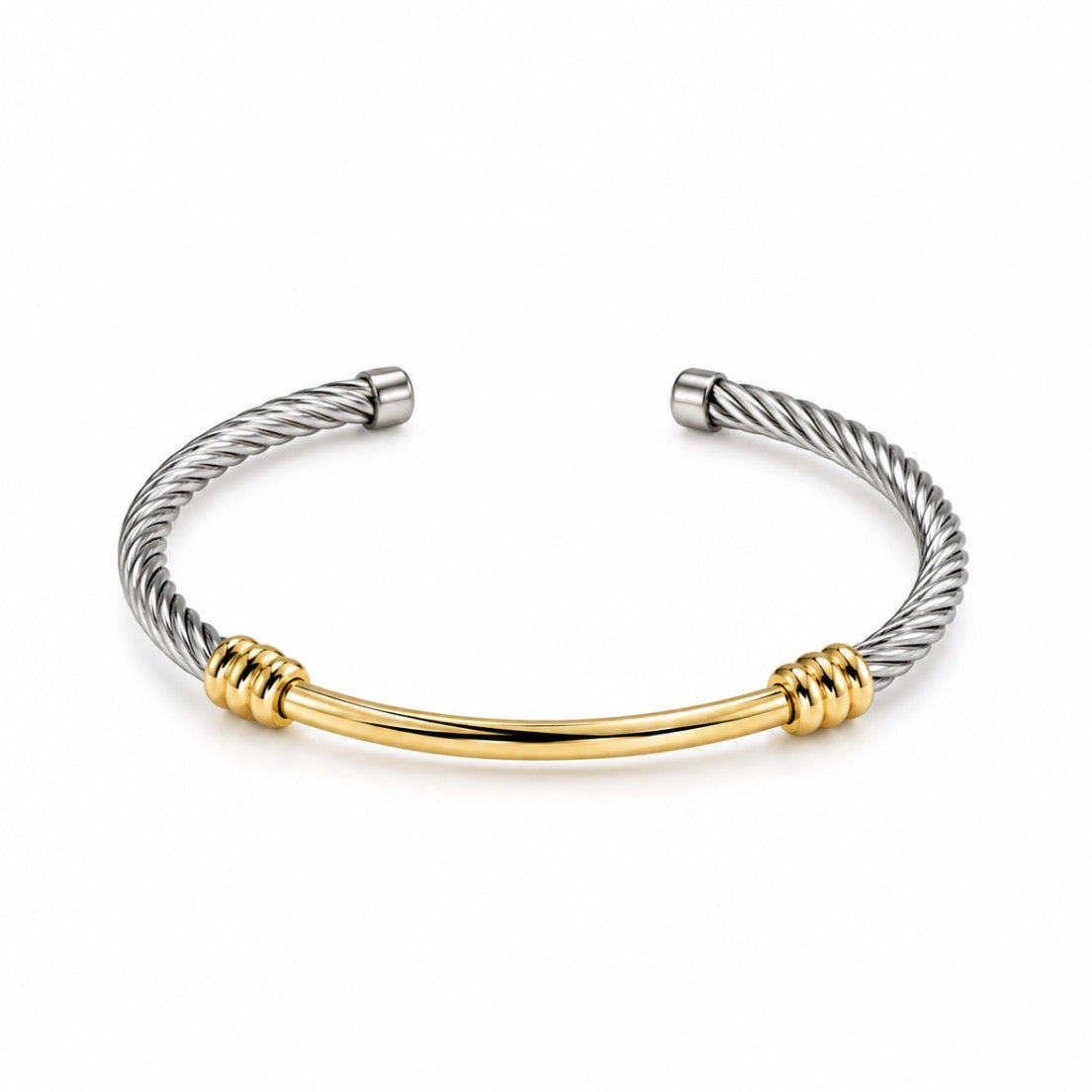 A two-tone cable-style cuff bracelet featuring a silver-toned twisted wire design and a central polished gold-toned bar, accented with wrapped gold details on each end, shown on a plain white background.