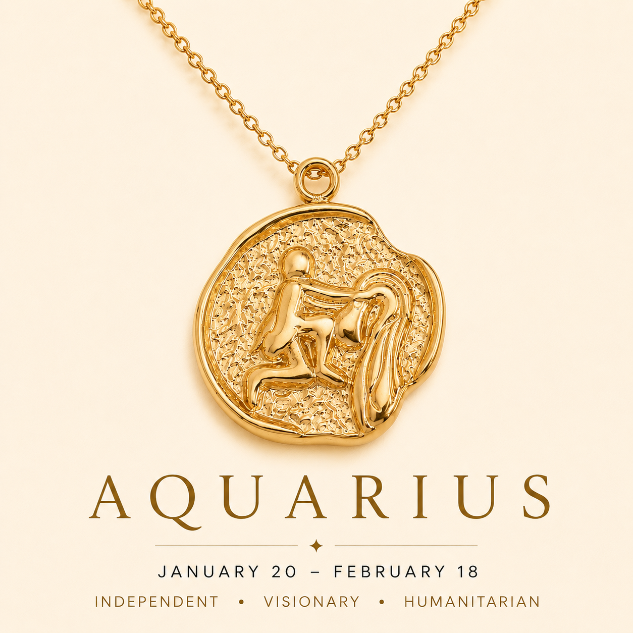 Gold Aquarius zodiac necklace on a beige background