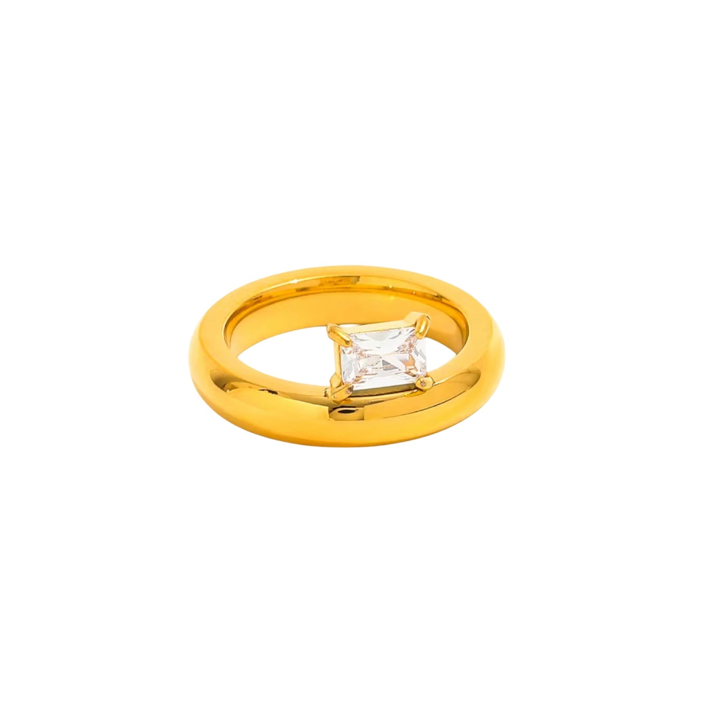 Gold ring with a rectangle cubic zirconia stone diamond.