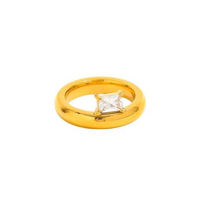 Gold ring with a rectangle cubic zirconia stone diamond.