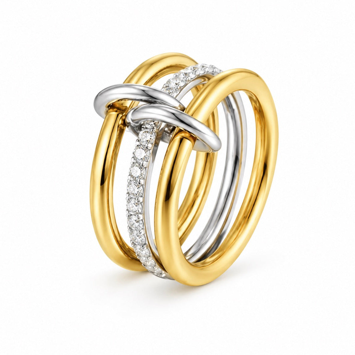 A multi-band ring featuring three interlocking bands: two in yellow gold and one in silver, accented with a pavé diamond channel on the silver band, shown on a white background.