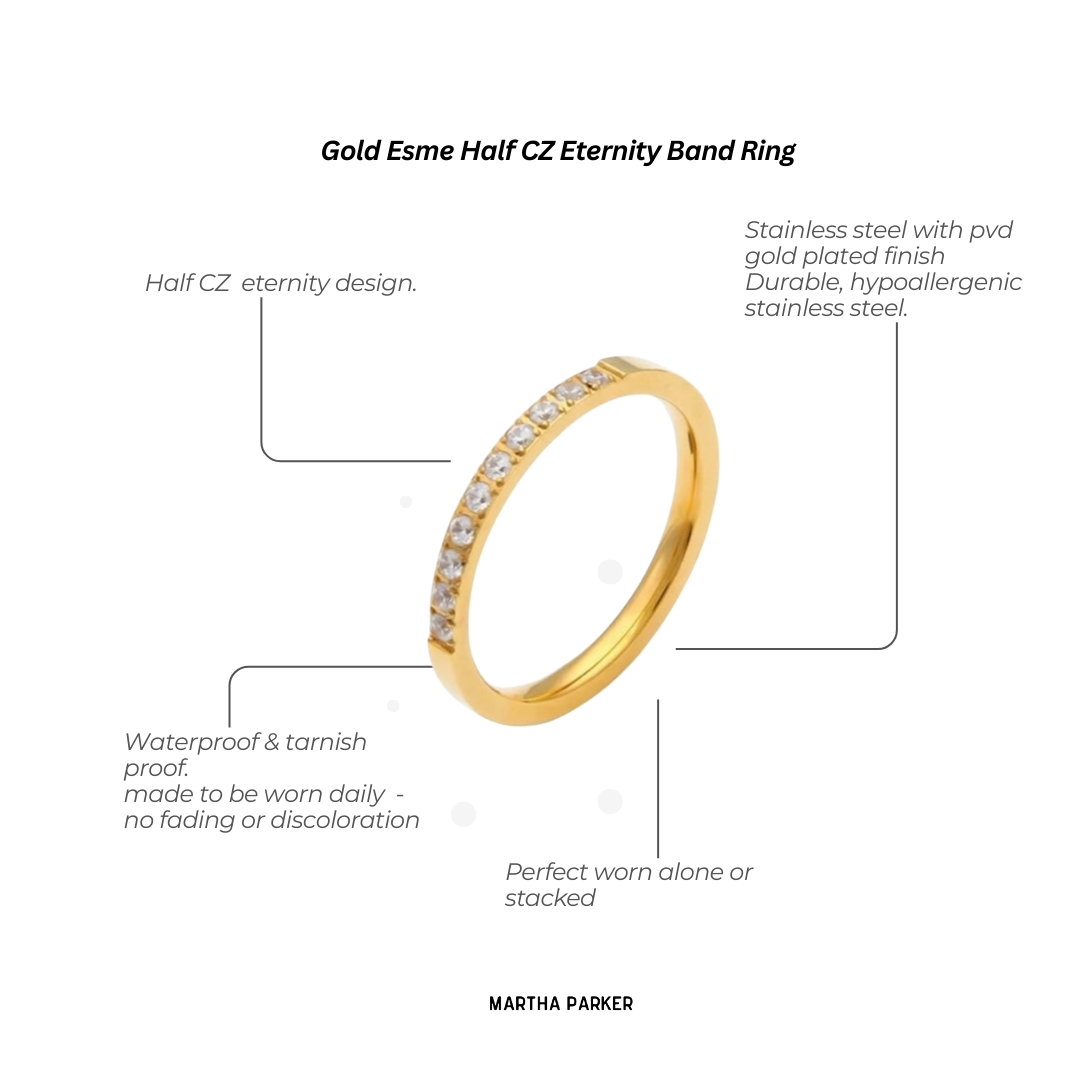 gold Stainless steel waterproof half eternity cz band showing features 