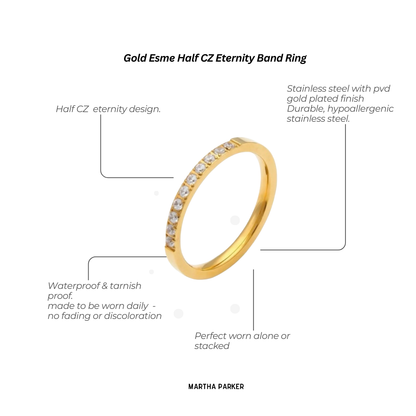 gold Stainless steel waterproof half eternity cz band showing features 