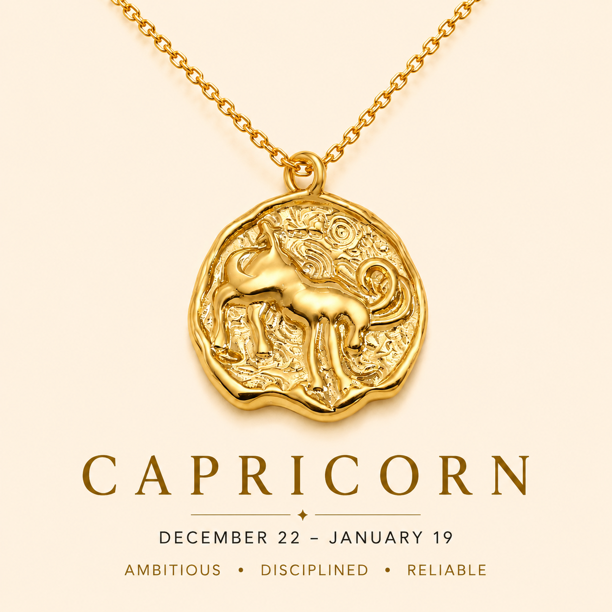 Gold Capricorn zodiac pendant necklace on a beige background