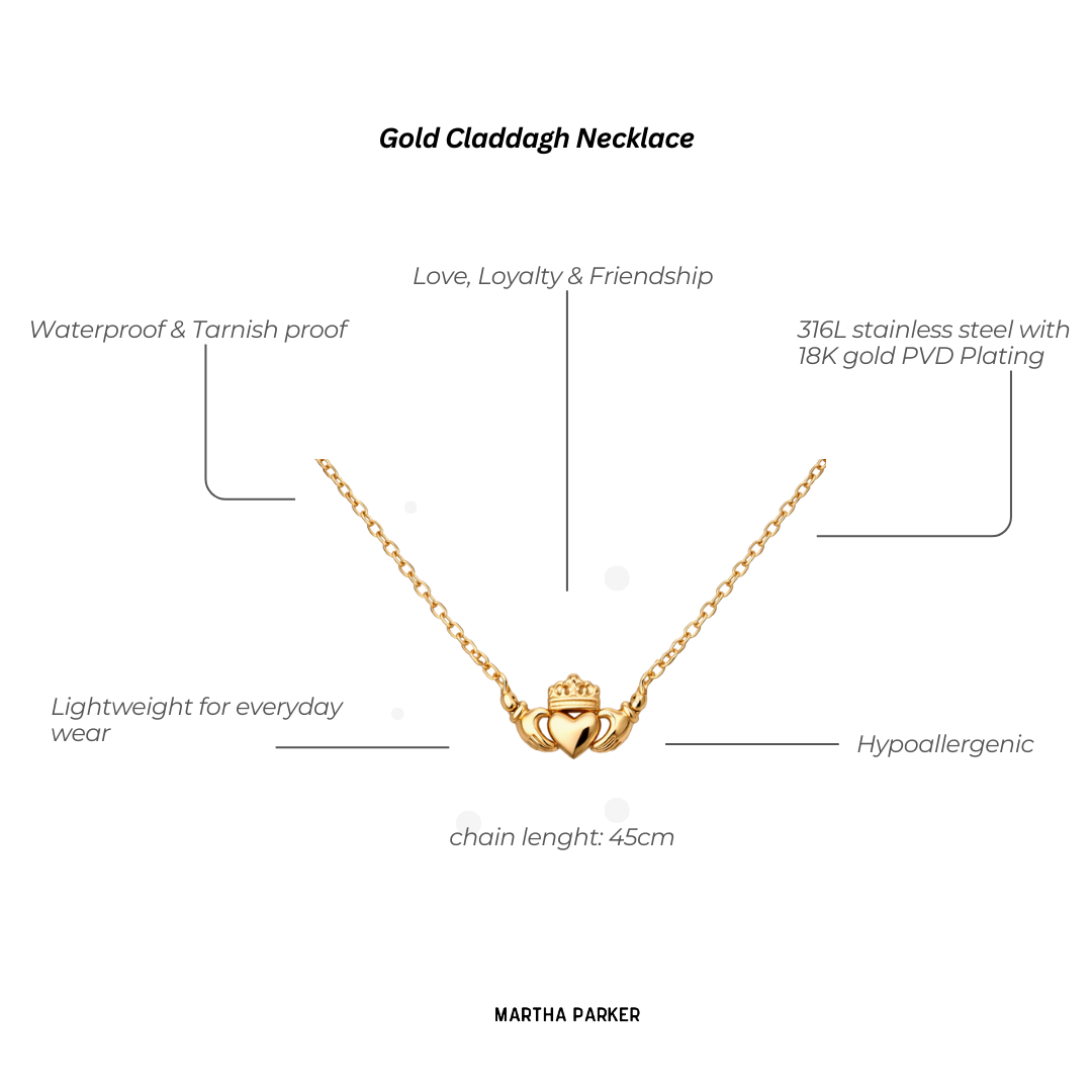 Gold Claddagh necklace with product features 