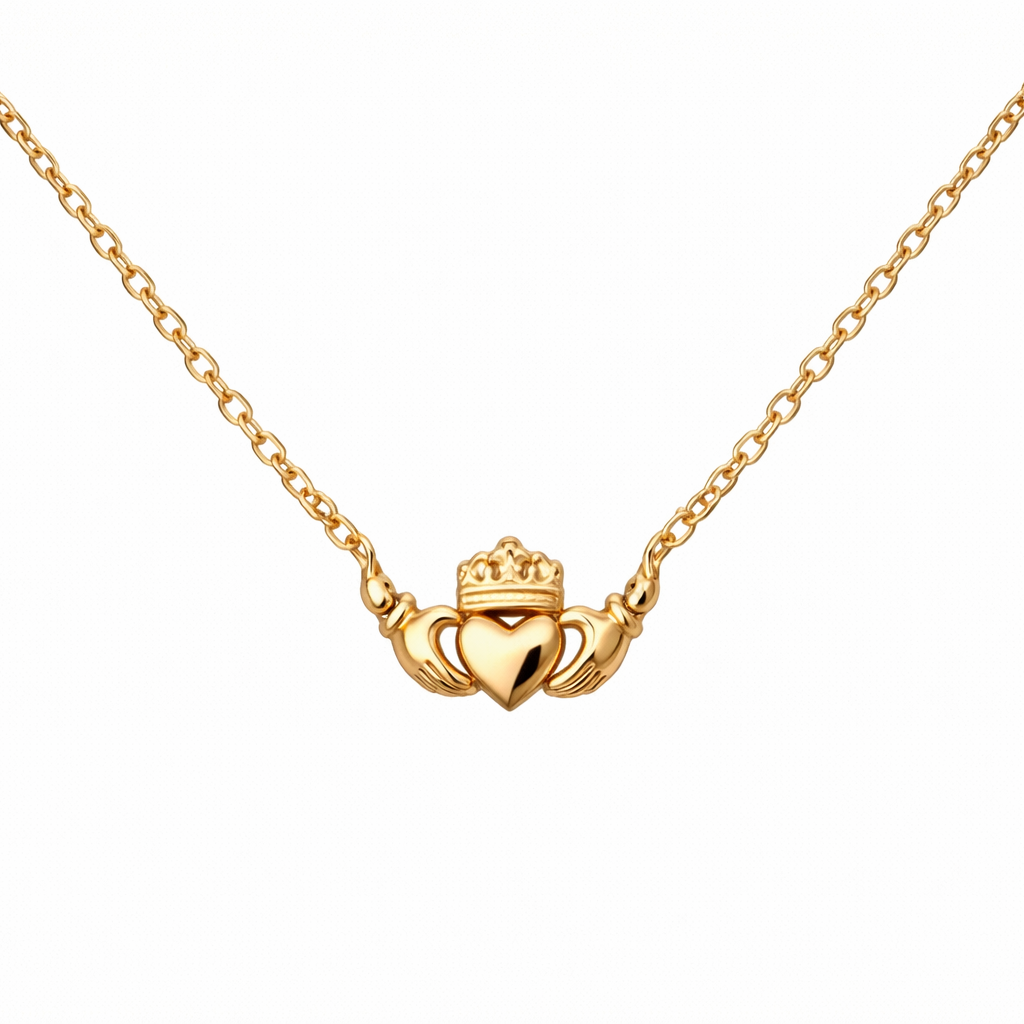 close up detail of gold claddagh necklace. in tarnish free stainless steel on a 45cm chain representing love, loyalty and friendship