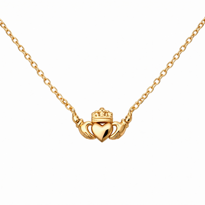 close up detail of gold claddagh necklace. in tarnish free stainless steel on a 45cm chain representing love, loyalty and friendship