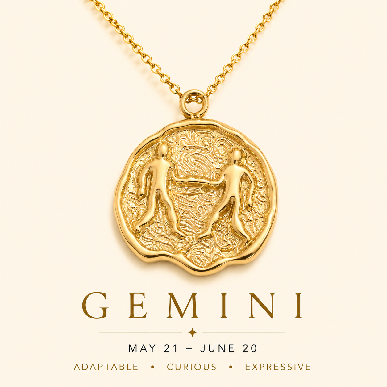 Gold Gemini necklace on a beige background with zodiac details